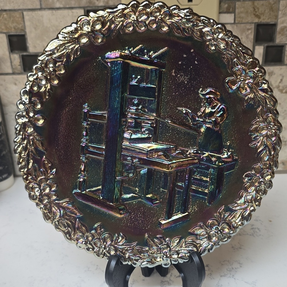 1971 Vintage FENTON Amethyst Carnival Glass PRINTING PRESS Commemorative Plate